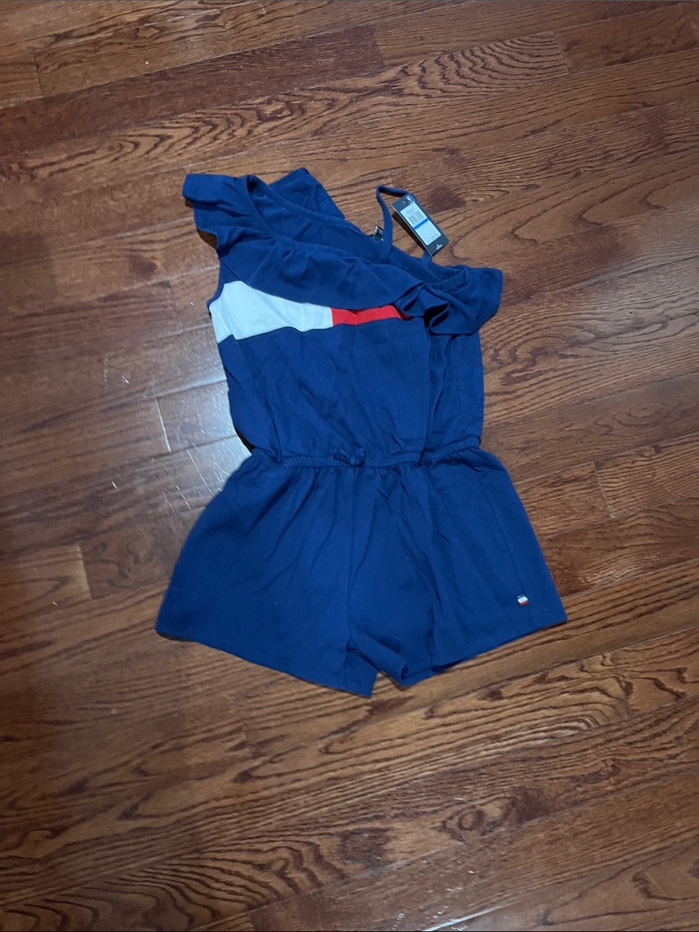 Tommy Hilfiger Navy One-Shoulder Romper with Red & White Stripe